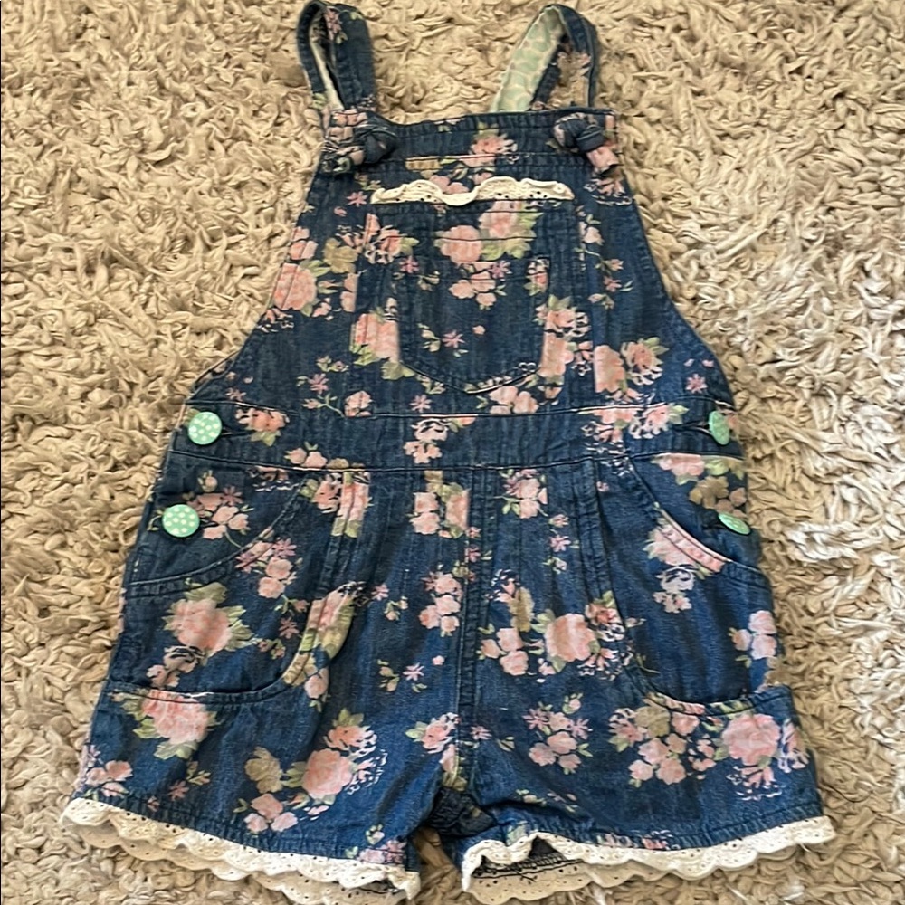 Matilda Jane Adventure Begins Playground Floral Denim Shortalls, Size 4